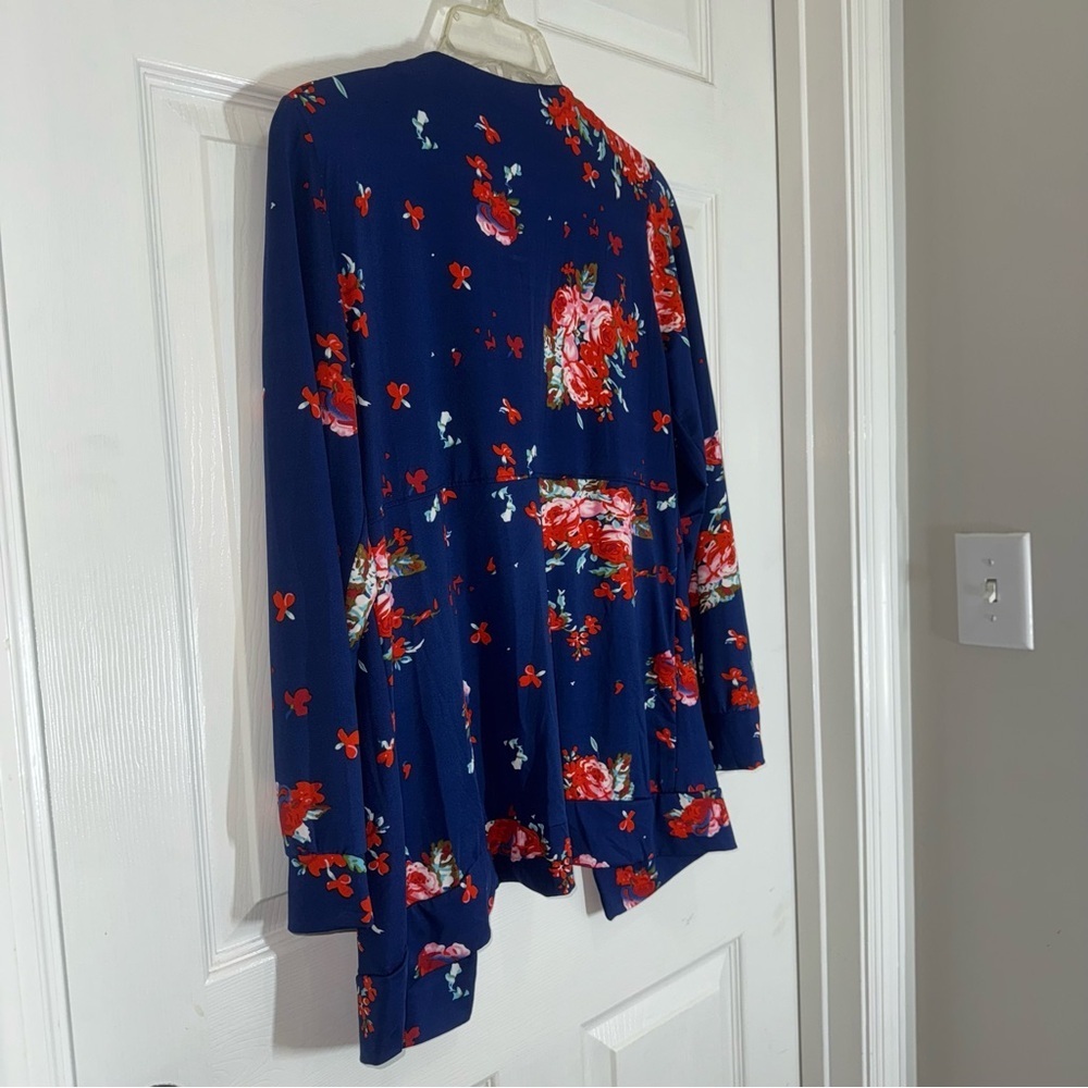 Navy Blue Floral Open Front Long Sleeve Cardigan - Picture 11 of 14